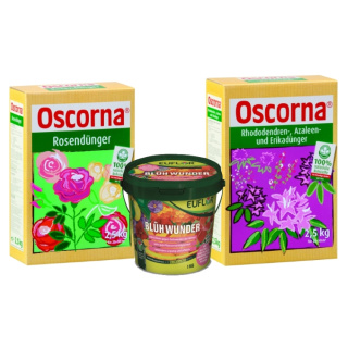 Schock´s Gärtnercombi Oscorna Rosendünger 2,5kg und Oscorna Rhododendrondünger 2,5kg und Euflor Blühwunder 1kg